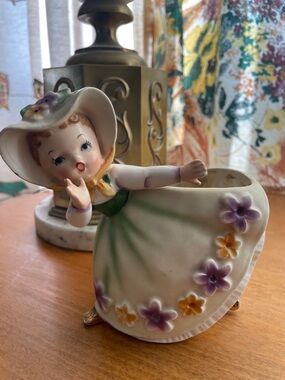 Ucagco Ceramic Planter 1950’s Bonnet Pixie Girl in Green Dress Figurine